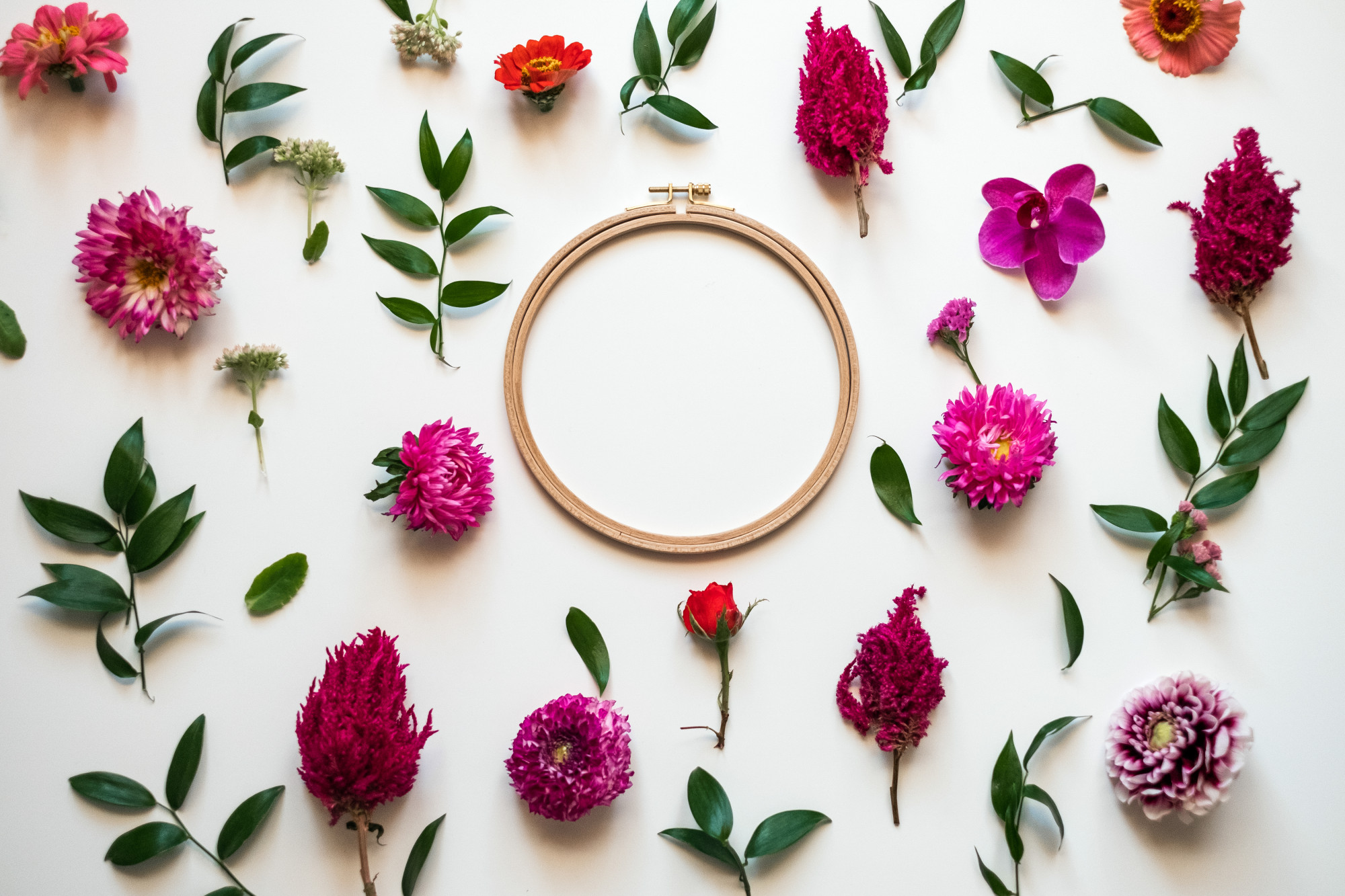 Close-up of hand embroidery hoop with floral pattern